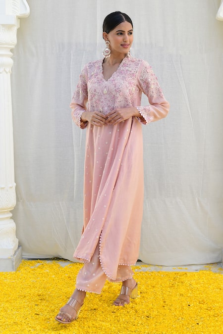 Buy Label Niti Bothra Pink Silk Embroidery, Applique Collared Banaras Kurta And Palazzo Set Online at Aza Fashions Buy_Label Niti Bothra_Pink Silk Embroidery, Applique Collared Banaras Kurta And Palazzo Set _Online_at_Aza_Fashions