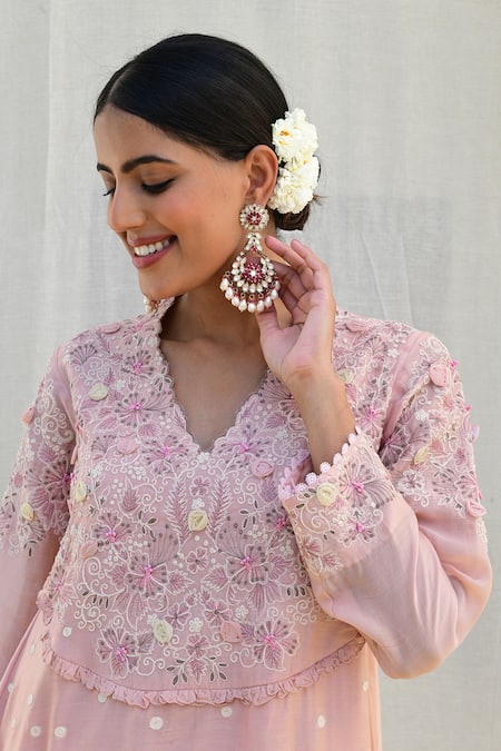 Shop Label Niti Bothra Pink Silk Embroidery, Applique Collared Banaras Kurta And Palazzo Set Online at Aza Fashions Shop_Label Niti Bothra_Pink Silk Embroidery, Applique Collared Banaras Kurta And Palazzo Set _Online_at_Aza_Fashions