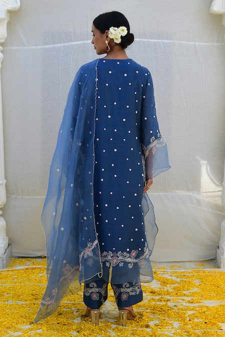 Shop_Label Niti Bothra_Blue Silk, Organza Embroidery Split V-neck Banaras Kurta Palazzo Set _at_Aza_Fashions