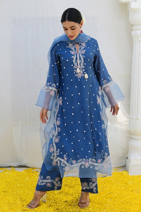 Shop_Label Niti Bothra_Blue Silk, Organza Embroidery Split V-neck Banaras Kurta Palazzo Set _Online_at_Aza_Fashions