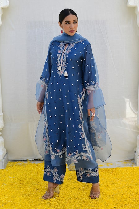 Label Niti Bothra_Blue Silk, Organza Embroidery Split V-neck Banaras Kurta Palazzo Set _at_Aza_Fashions