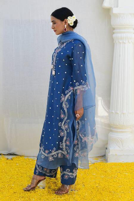 Buy_Label Niti Bothra_Blue Silk, Organza Embroidery Split V-neck Banaras Kurta Palazzo Set 