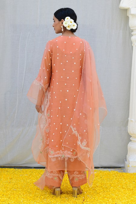 Shop_Label Niti Bothra_Peach Silk, Organza Embroidery Collared Banaras Kurta Palazzo Set _at_Aza_Fashions