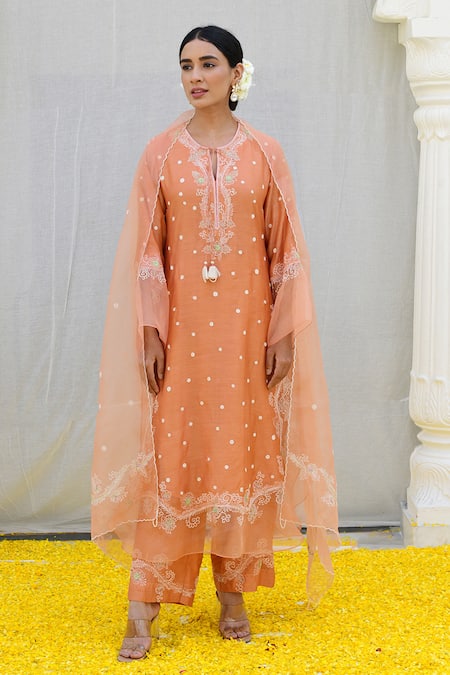 Label Niti Bothra_Peach Silk, Organza Embroidery Collared Banaras Kurta Palazzo Set _Online_at_Aza_Fashions