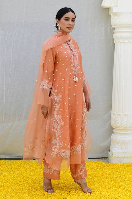 Shop_Label Niti Bothra_Peach Silk, Organza Embroidery Collared Banaras Kurta Palazzo Set _Online_at_Aza_Fashions