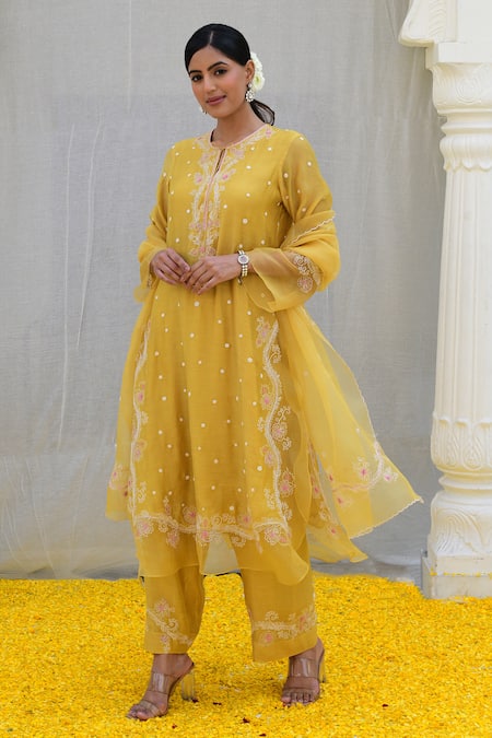 Label Niti Bothra Yellow Banaras Silk Base Embroidered Floral Notched Tie-up Kurta Palazzo Set