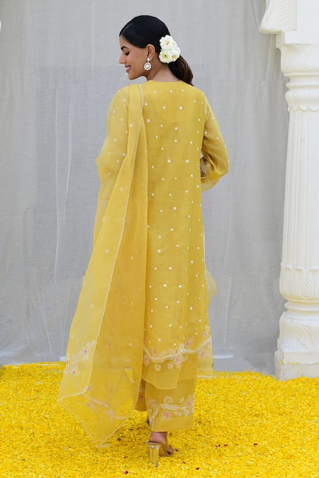 Shop_Label Niti Bothra_Yellow Silk, Organza Embroidery Split V-neck Banaras Tie-up Kurta Palazzo Set _at_Aza_Fashions