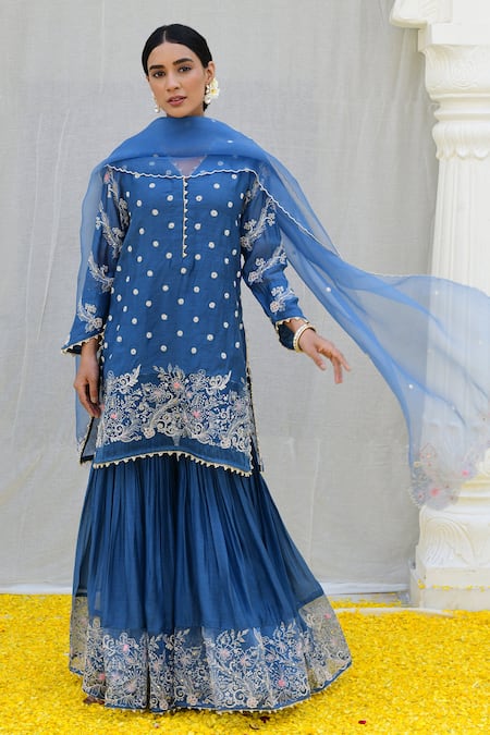 Label Niti Bothra Blue Banaras Silk Base Embroidered Floral V Neck Kurta Sharara Set