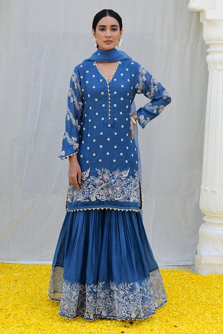 Label Niti Bothra Blue Silk Embroidery V-neck Banaras Kurta Sharara Set Online at Aza Fashions Label Niti Bothra_Blue Silk Embroidery V-neck Banaras Kurta Sharara Set _Online_at_Aza_Fashions