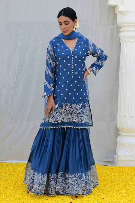 Buy Label Niti Bothra Blue Silk Embroidery V-neck Banaras Kurta Sharara Set Online at Aza Fashions Buy_Label Niti Bothra_Blue Silk Embroidery V-neck Banaras Kurta Sharara Set _Online_at_Aza_Fashions