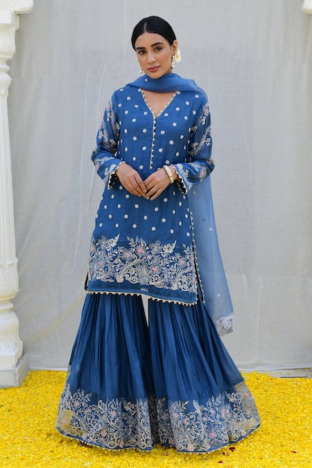 Shop Label Niti Bothra Blue Silk Embroidery V-neck Banaras Kurta Sharara Set Online at Aza Fashions Shop_Label Niti Bothra_Blue Silk Embroidery V-neck Banaras Kurta Sharara Set _Online_at_Aza_Fashions