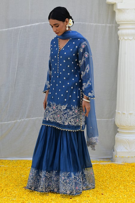 Label Niti Bothra Blue Silk Embroidery V-neck Banaras Kurta Sharara Set at Aza Fashions Label Niti Bothra_Blue Silk Embroidery V-neck Banaras Kurta Sharara Set _at_Aza_Fashions