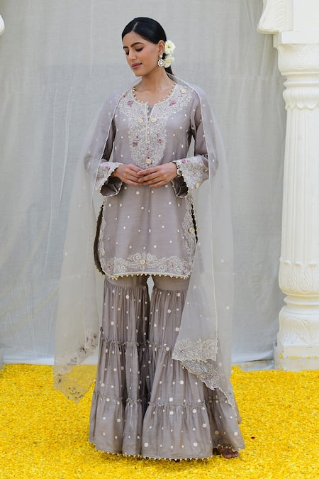 Label Niti Bothra Grey Banaras Silk Base Embroidered Floral Notched Kurta Sharara Set