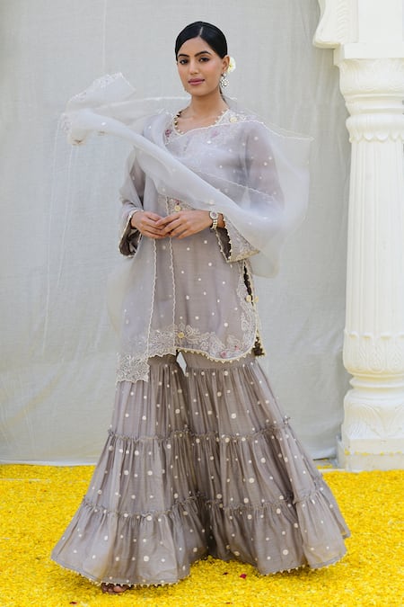 Buy Label Niti Bothra Grey Silk, Chiffon Embroidery Split V-neck Banaras Kurta Sharara Set Online at Aza Fashions Buy_Label Niti Bothra_Grey Silk, Chiffon Embroidery Split V-neck Banaras Kurta Sharara Set _Online_at_Aza_Fashions