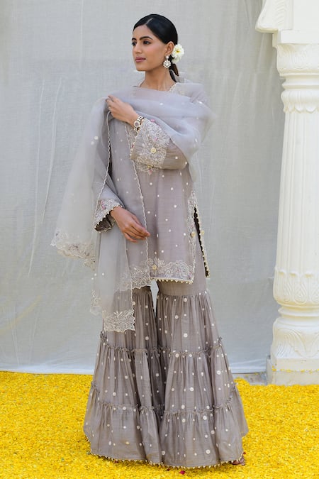 Shop Label Niti Bothra Grey Silk, Chiffon Embroidery Split V-neck Banaras Kurta Sharara Set Online at Aza Fashions Shop_Label Niti Bothra_Grey Silk, Chiffon Embroidery Split V-neck Banaras Kurta Sharara Set _Online_at_Aza_Fashions