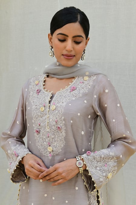 Label Niti Bothra Grey Silk, Chiffon Embroidery Split V-neck Banaras Kurta Sharara Set at Aza Fashions Label Niti Bothra_Grey Silk, Chiffon Embroidery Split V-neck Banaras Kurta Sharara Set _at_Aza_Fashions