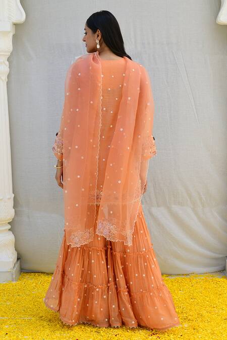 Shop_Label Niti Bothra_Peach Silk, Chiffon Embroidery Split V-neck Banaras Kurta Sharara Set _at_Aza_Fashions