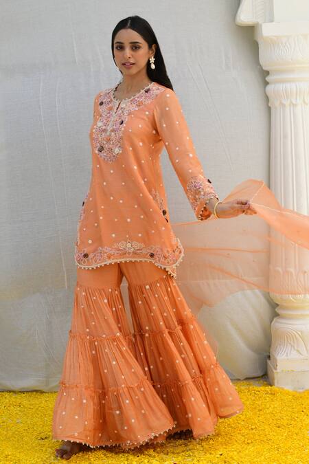Label Niti Bothra_Peach Silk, Chiffon Embroidery Split V-neck Banaras Kurta Sharara Set _Online_at_Aza_Fashions