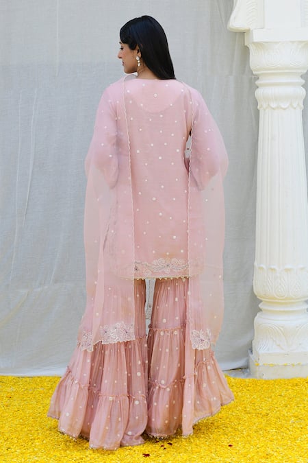 Shop_Label Niti Bothra_Pink Silk, Chiffon Embroidery Round Neck Banaras Kurta Sharara Set _at_Aza_Fashions