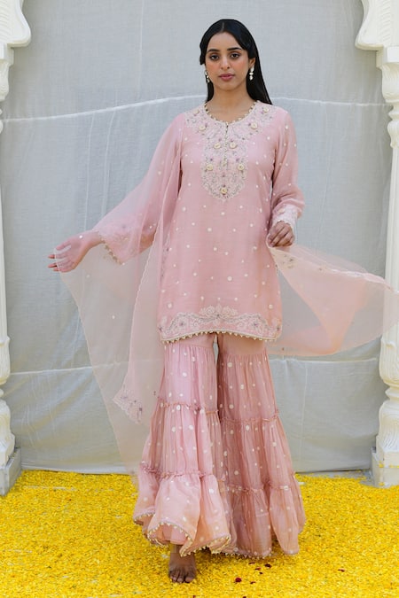 Label Niti Bothra_Pink Silk, Chiffon Embroidery Round Neck Banaras Kurta Sharara Set _Online_at_Aza_Fashions