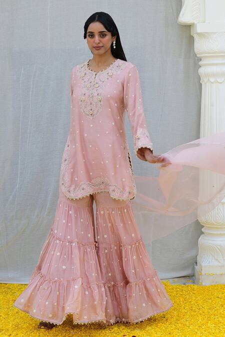 Buy_Label Niti Bothra_Pink Silk, Chiffon Embroidery Round Neck Banaras Kurta Sharara Set _Online_at_Aza_Fashions
