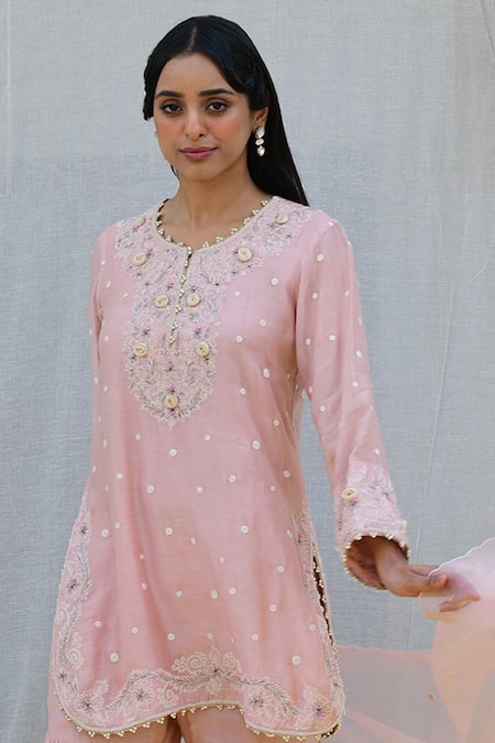 Shop_Label Niti Bothra_Pink Silk, Chiffon Embroidery Round Neck Banaras Kurta Sharara Set _Online_at_Aza_Fashions