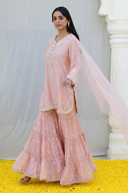 Label Niti Bothra_Pink Silk, Chiffon Embroidery Round Neck Banaras Kurta Sharara Set _at_Aza_Fashions