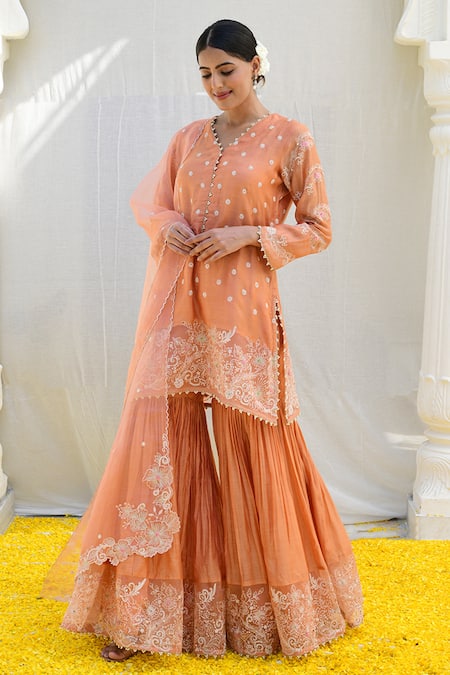 Buy Label Niti Bothra Peach Silk Embroidery V-neck Banaras Short Kurta Sharara Set Online at Aza Fashions Buy_Label Niti Bothra_Peach Silk Embroidery V-neck Banaras Short Kurta Sharara Set _Online_at_Aza_Fashions