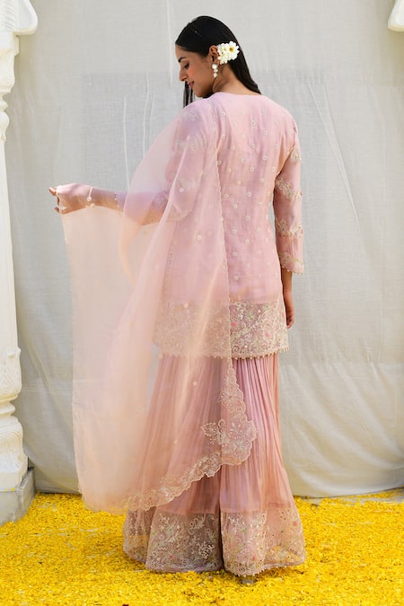 Shop_Label Niti Bothra_Pink Silk, Chiffon Embroidery V-neck Banaras Kurta Sharara Set _at_Aza_Fashions
