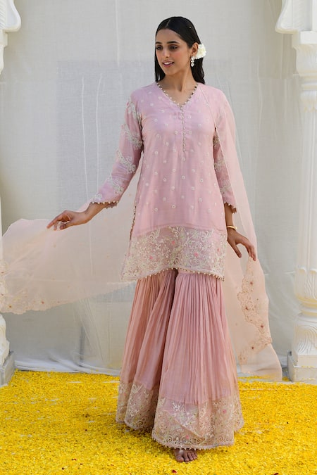 Label Niti Bothra_Pink Silk, Chiffon Embroidery V-neck Banaras Kurta Sharara Set _Online_at_Aza_Fashions
