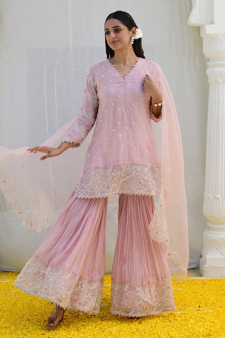 Buy_Label Niti Bothra_Pink Silk, Chiffon Embroidery V-neck Banaras Kurta Sharara Set _Online_at_Aza_Fashions