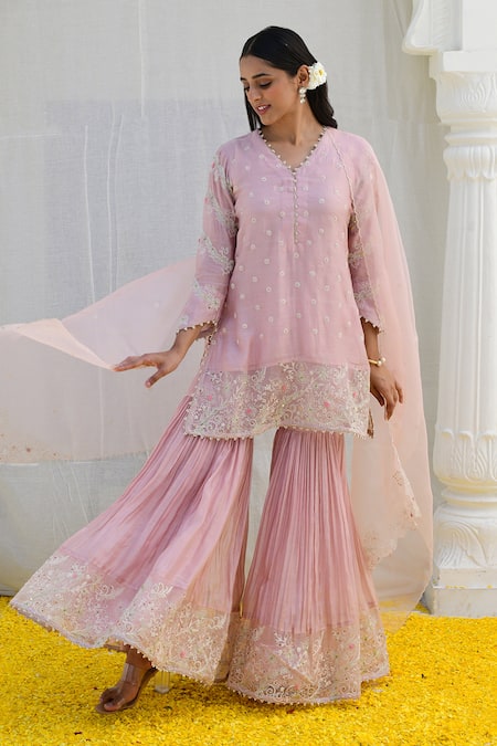 Shop_Label Niti Bothra_Pink Silk, Chiffon Embroidery V-neck Banaras Kurta Sharara Set _Online_at_Aza_Fashions