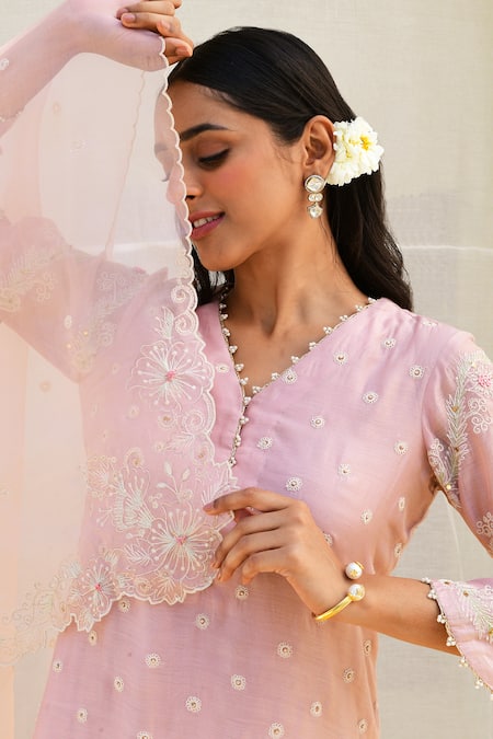 Label Niti Bothra_Pink Silk, Chiffon Embroidery V-neck Banaras Kurta Sharara Set _at_Aza_Fashions