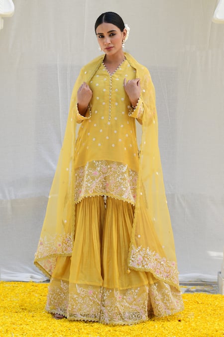 Shop_Label Niti Bothra_Yellow Silk Embroidery, Cut Work V-neck Banaras Kurta Sharara Set _at_Aza_Fashions