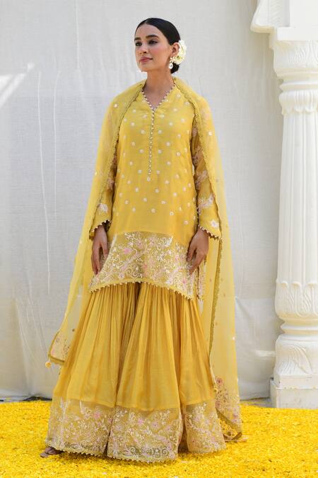 Label Niti Bothra_Yellow Silk Embroidery, Cut Work V-neck Banaras Kurta Sharara Set _Online_at_Aza_Fashions