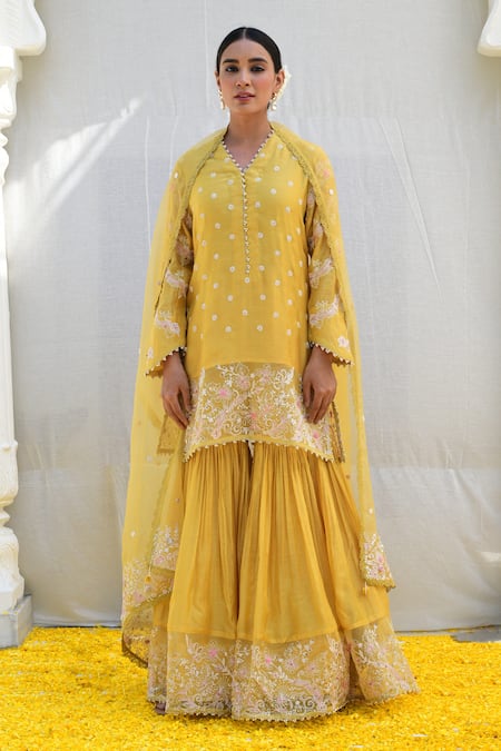 Buy_Label Niti Bothra_Yellow Silk Embroidery, Cut Work V-neck Banaras Kurta Sharara Set _Online_at_Aza_Fashions