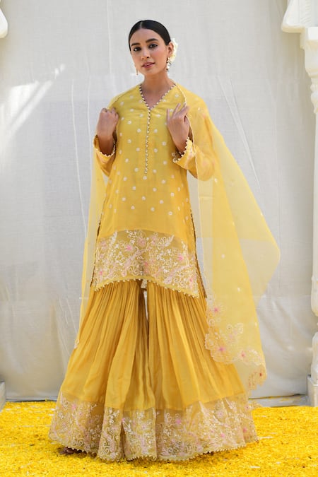 Shop_Label Niti Bothra_Yellow Silk Embroidery, Cut Work V-neck Banaras Kurta Sharara Set _Online_at_Aza_Fashions