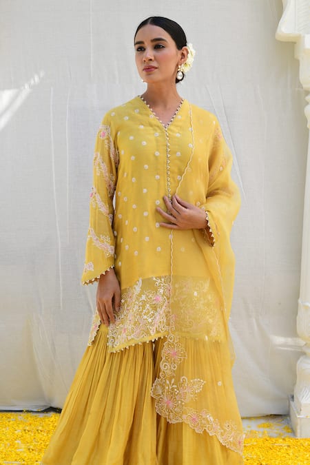 Label Niti Bothra_Yellow Silk Embroidery, Cut Work V-neck Banaras Kurta Sharara Set _at_Aza_Fashions