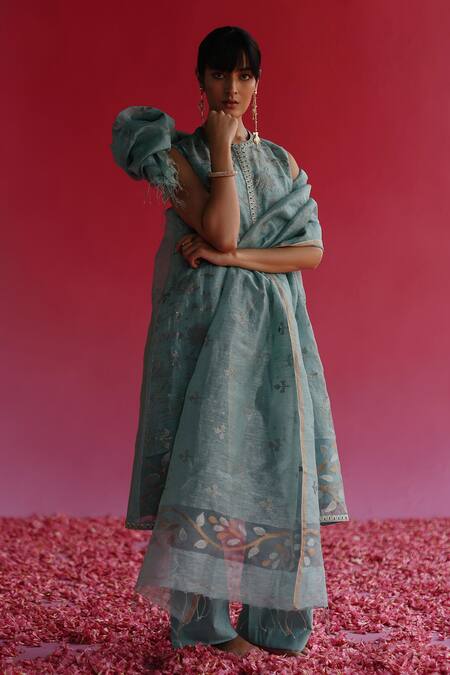 Taisha Blue Linen, Silk Embroidery, Sequins Round Neck Pushti Handloom Jacket Kurta at Aza Fashions Taisha_Blue Linen, Silk Embroidery, Sequins Round Neck Pushti Handloom Jacket Kurta _at_Aza_Fashions