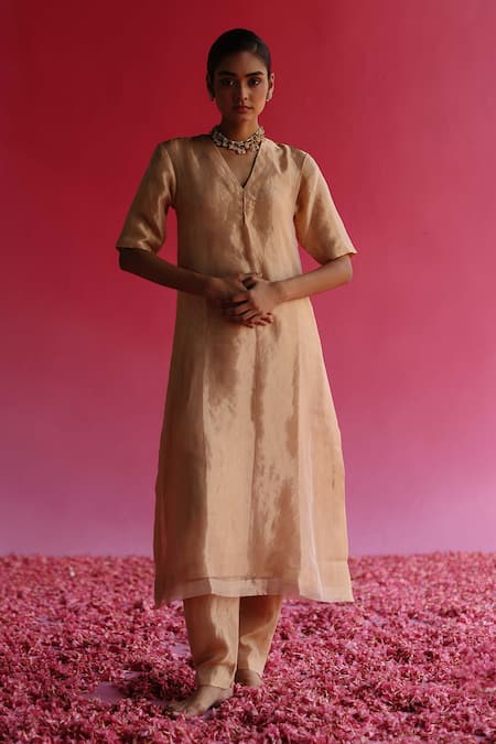 Gold Beige Handwoven Pure Kosa Silk Kurta with Flap  Silk kurti designs  Kurta neck design Designs for dresses