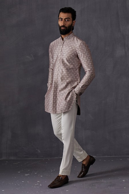 Arjan Dugal Grey Chanderi Silk Embroidered Cross Stitch Thread Work Kurta Set 