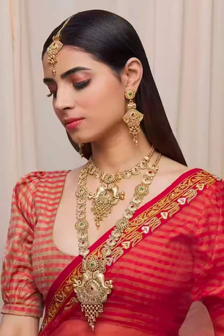 Buy Gold Plated Long Necklace Set With Best Price Flower Pendant Necklace  in Gold Finish Saree Matching Jewelry Ruby Emerald Gold Pendant Online in  India - Etsy