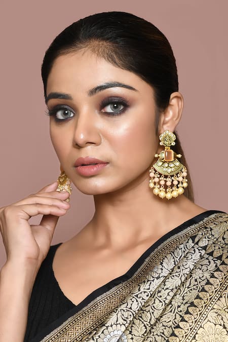 Nayaab by Aleezeh Gold Plated Beads Drop Temple Earrings