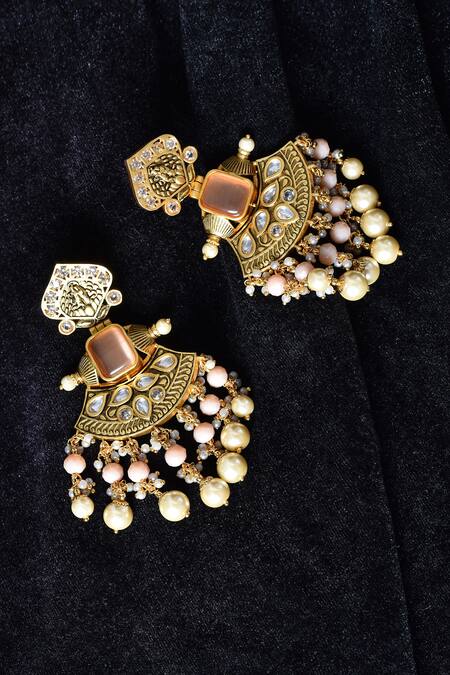 Shop_Nayaab By Aleezeh_Gold Plated Beads Drop Temple Earrings_at_Aza_Fashions
