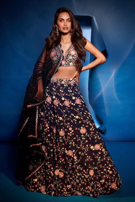 Aariyana Couture Blue Lehenga And Bustier Dupion Embroidered Floral Pop-up Bridal Set 