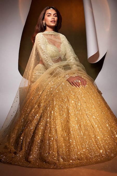 Shop_Seema Gujral_Green Net Sequin And Beads Sweetheart Neck Embroidered Bridal Lehenga Set _Online_at_Aza_Fashions