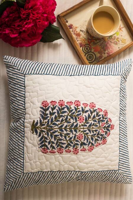 Wild Paisley Studio Blue Cotton Hand Block Printed Orchid Quilted Cushion Cover 2 Pcs Set