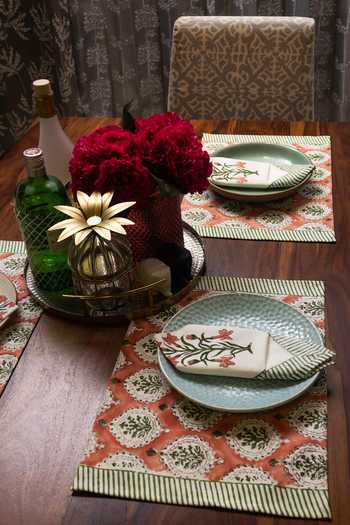 Buy Wild Paisley Studio Multi Color Cotton Hand Block Printed Corelle Table Mats And Napkins Set at Aza Fashions Buy_Wild Paisley Studio_Multi Color Cotton Hand Block Printed Corelle Table Mats And Napkins Set_at_Aza_Fashions