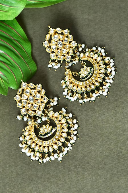 Shop_Vivinia By Vidhi Mehra_Green Diamonds, Crystals Kundan And Stone Embellished Chandbalis _at_Aza_Fashions