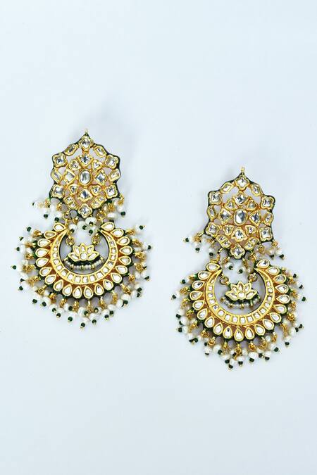 Buy_Vivinia By Vidhi Mehra_Green Diamonds, Crystals Kundan And Stone Embellished Chandbalis _Online_at_Aza_Fashions